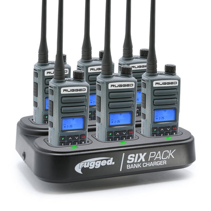 6 Pack - Rugged GMR2 PLUS - GMRS and FRS Two Way Handheld Radios with Bank Charger - Grey