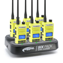 6 Pack - Rugged GMR2 PLUS - GMRS and FRS Two Way Handheld Radios with Bank Charger - Safety Yellow
