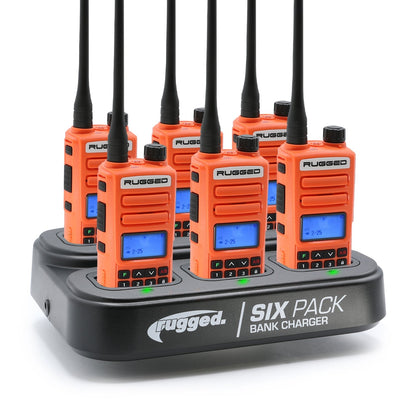 6 Pack - Rugged GMR2 PLUS - GMRS and FRS Two Way Handheld Radios with Bank Charger - Safety Orange