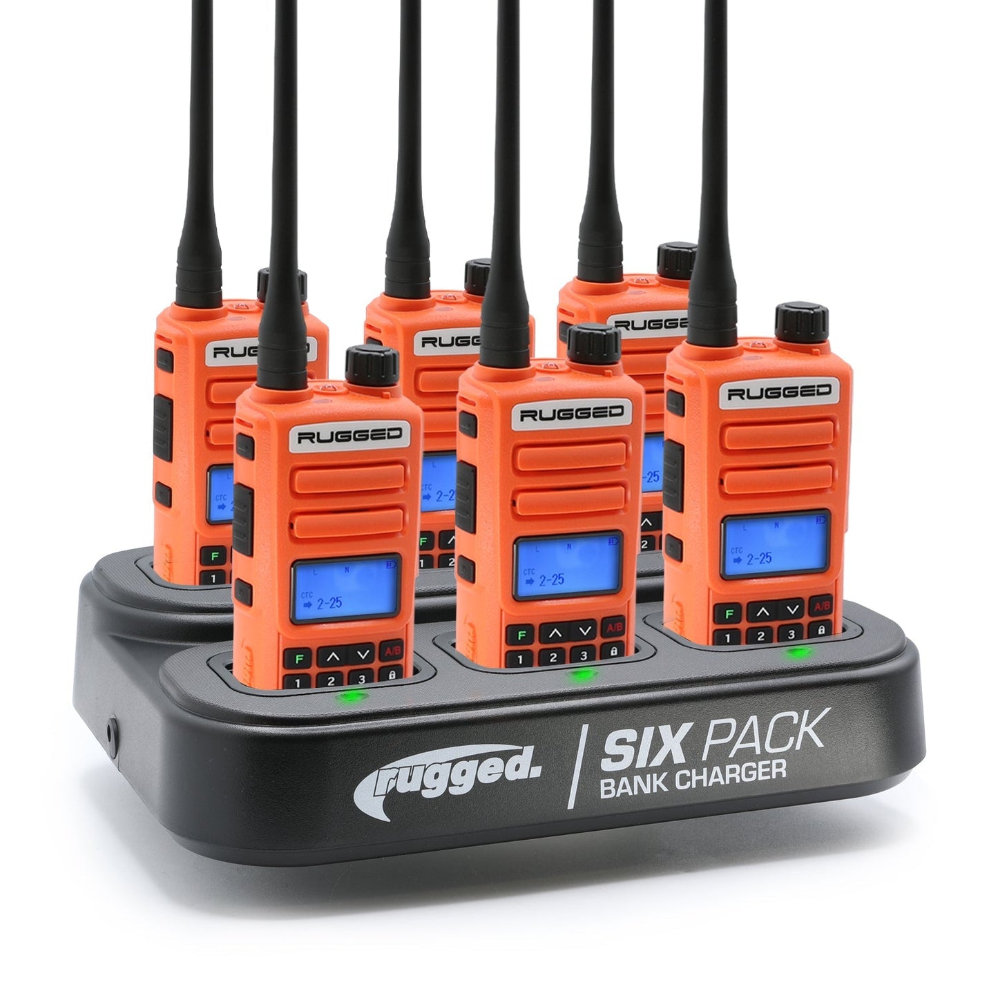 6 Pack - Rugged GMR2 PLUS - GMRS and FRS Two Way Handheld Radios with Bank Charger - Safety Yellow
