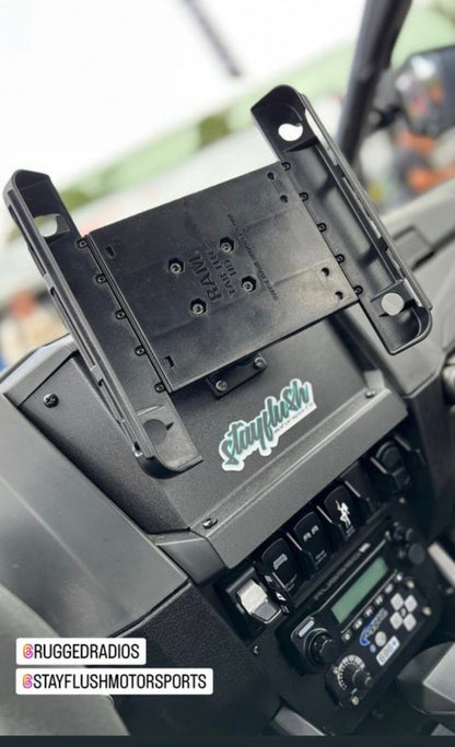 StayFlush Motorsports SFM ProR/XP 25 universal tablet mount attached to a vehicle, showing secure clamp and adjustable arm.