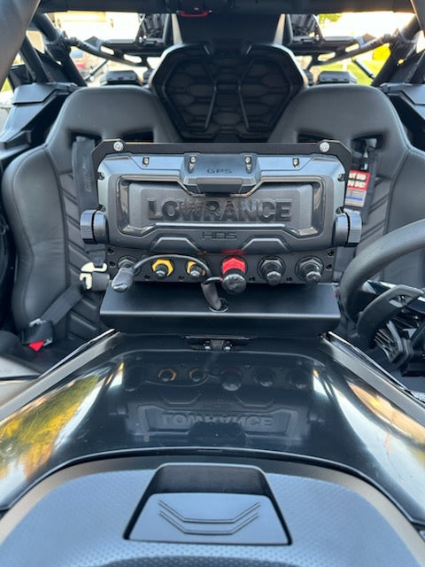 StayFlush Motorsports SFM MaverickR GPS mount attached to a vehicle dashboard with visible mounting hardware and sleek design.