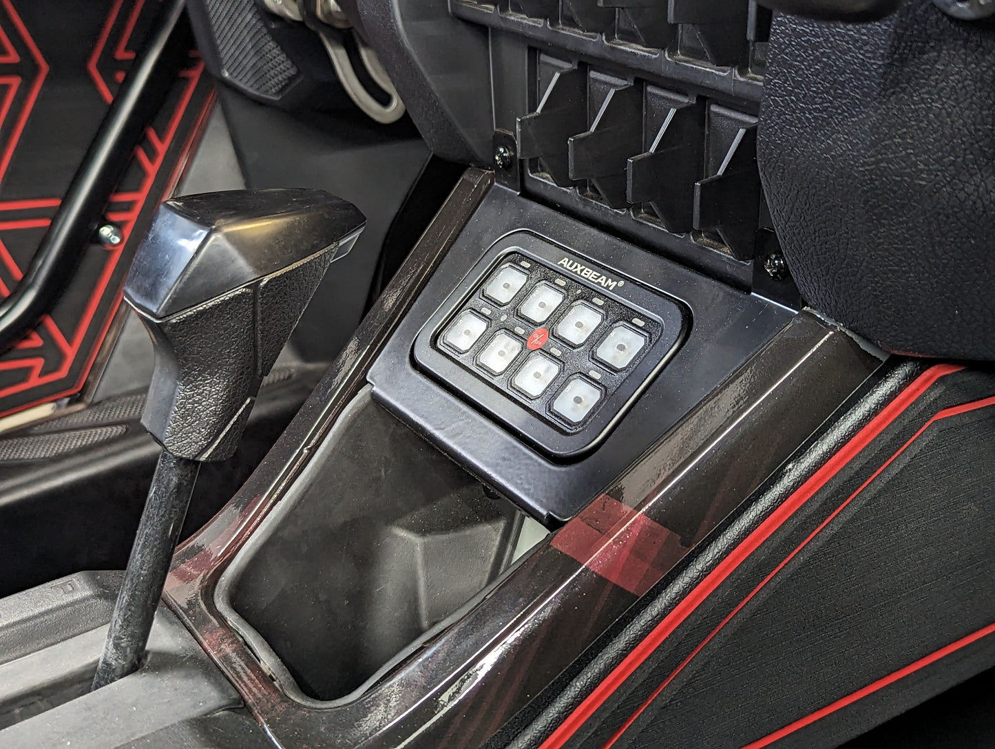 StayFlush Motorsports SFM Pro/R Auxbeam 8-gang mounting bracket with electrical connections and mounting hardware.