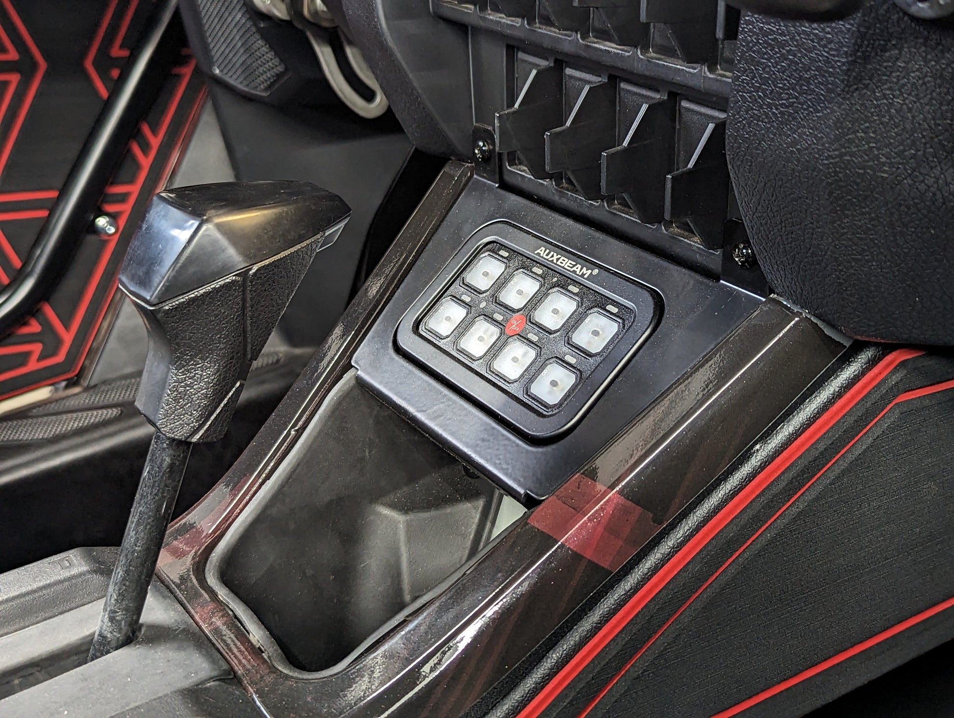 StayFlush Motorsports SFM Pro/R Auxbeam 8-gang mounting bracket with electrical connections and mounting hardware.
