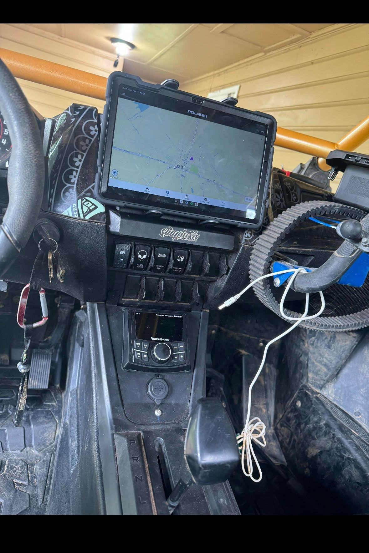 StayFlush Motorsports SFM Pro/R Lower Head Unit Mount installed on vehicle interior, showcasing durable metal construction and secure fit.