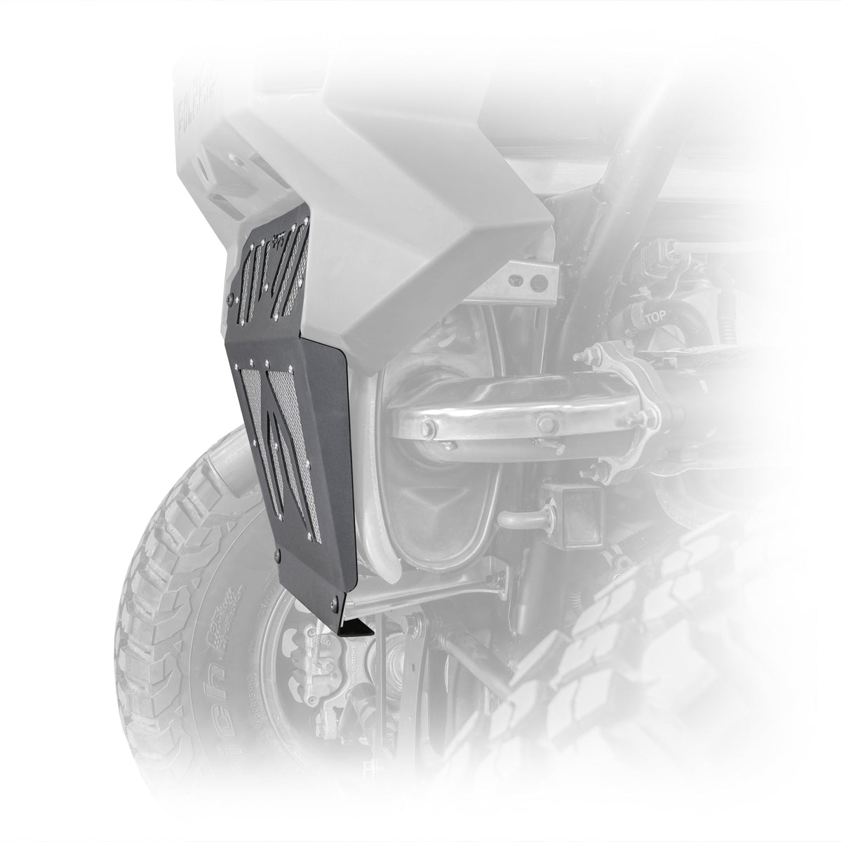 Close-up of RZR Pro XP exhaust guard on rear panel