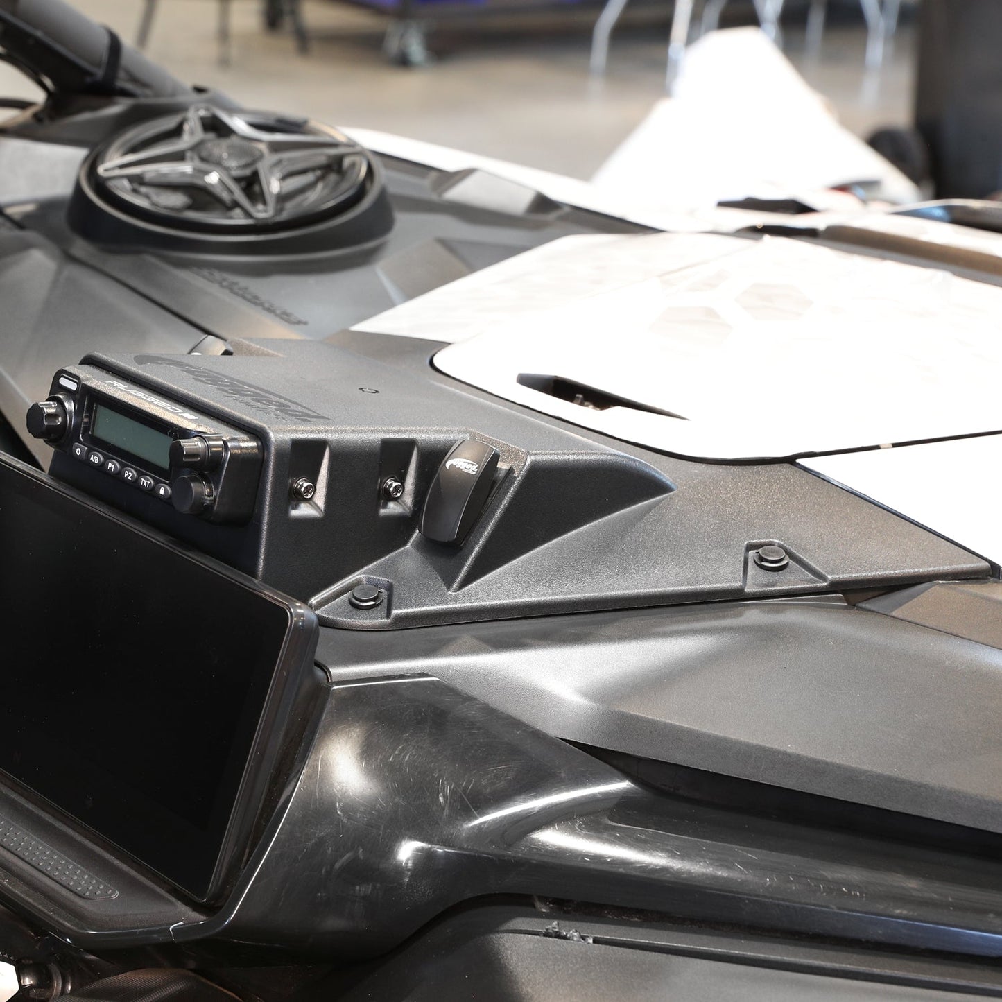 Can-Am Maverick R Complete Communication Kit with Rocker Switch Bluetooth Intercom and 2-Way Radio - 696 PLUS Remote Head / G1 GMRS / Top Mount