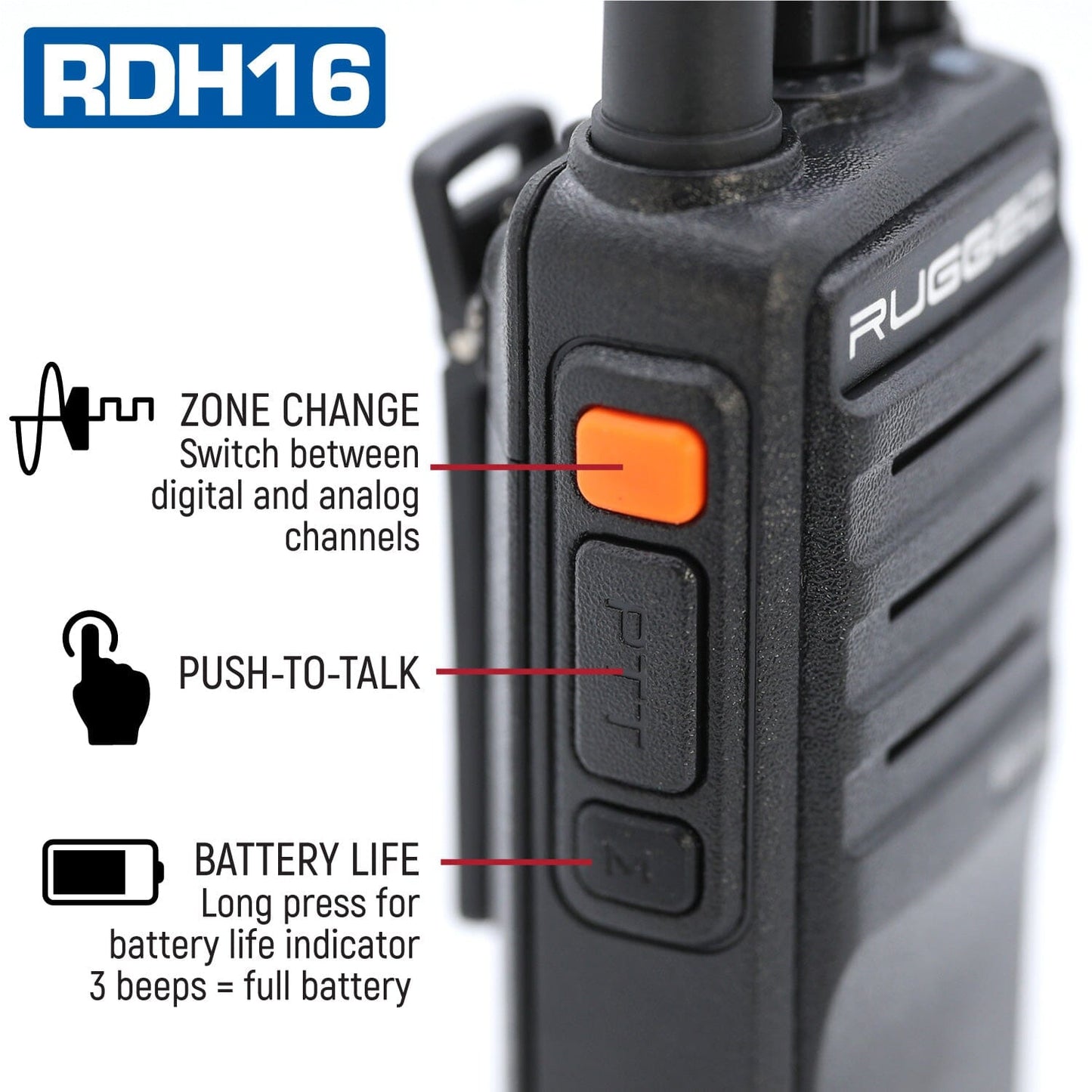 Rugged RDH16 - Business Band Two Way Handheld Radio - Digital and Analog - VHF / Black