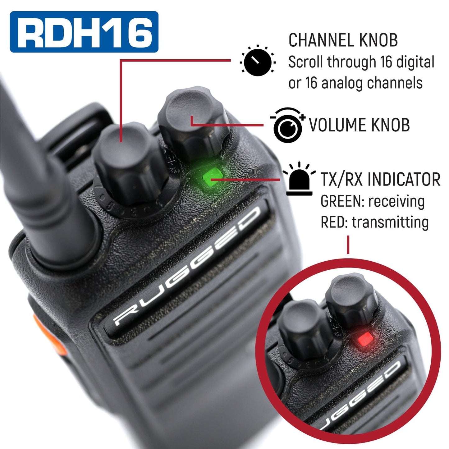 Rugged RDH16 - Business Band Two Way Handheld Radio - Digital and Analog - VHF / Black